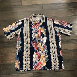 Vtg Hilo Hatties Hawaiian Shirt 90s Mens L Navy Tropical Flora Drapey READ